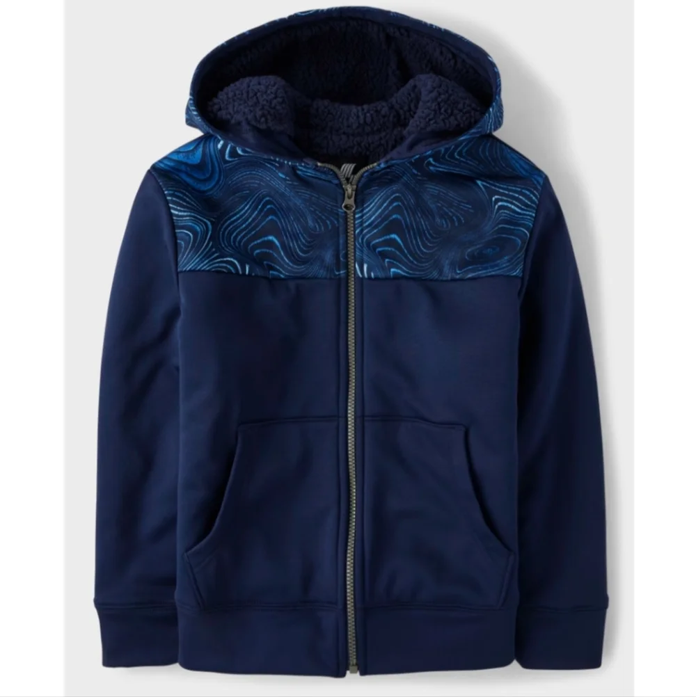Children's Place Sherpa Lined Performance Full Zip Hoodie Navy Blue Print 7 8